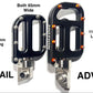 Two motorcycle foot pegs labeled 'TRAIL' and 'ADV' with dimensions on a white background.