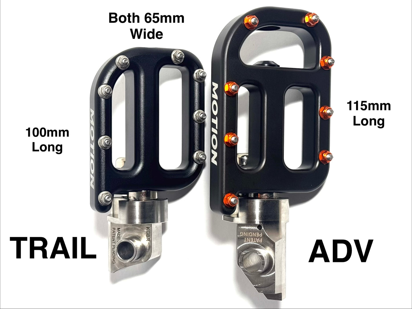 Two motorcycle foot pegs labeled 'TRAIL' and 'ADV' with dimensions on a white background.